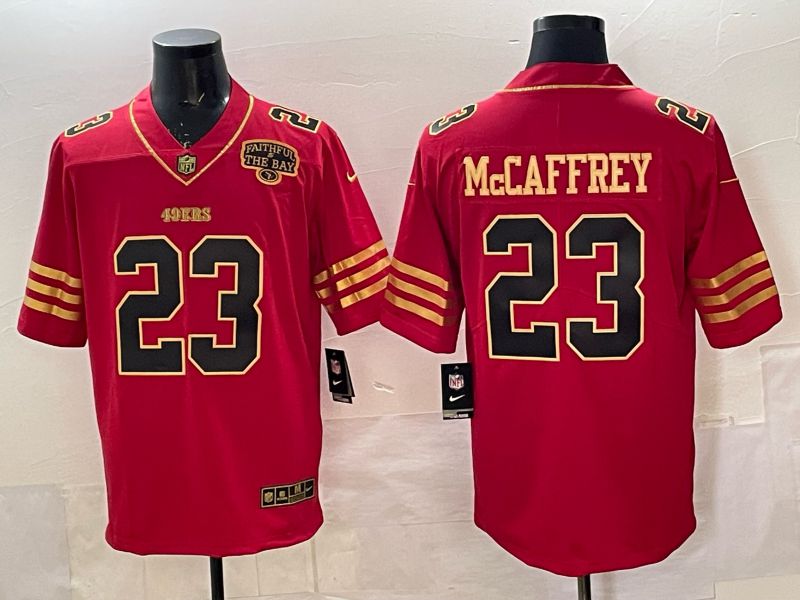 Men 2025 Nike San Francisco 49ers #23 Mcaffrey Red gold 5th generation Limited NFL Jersey 0069